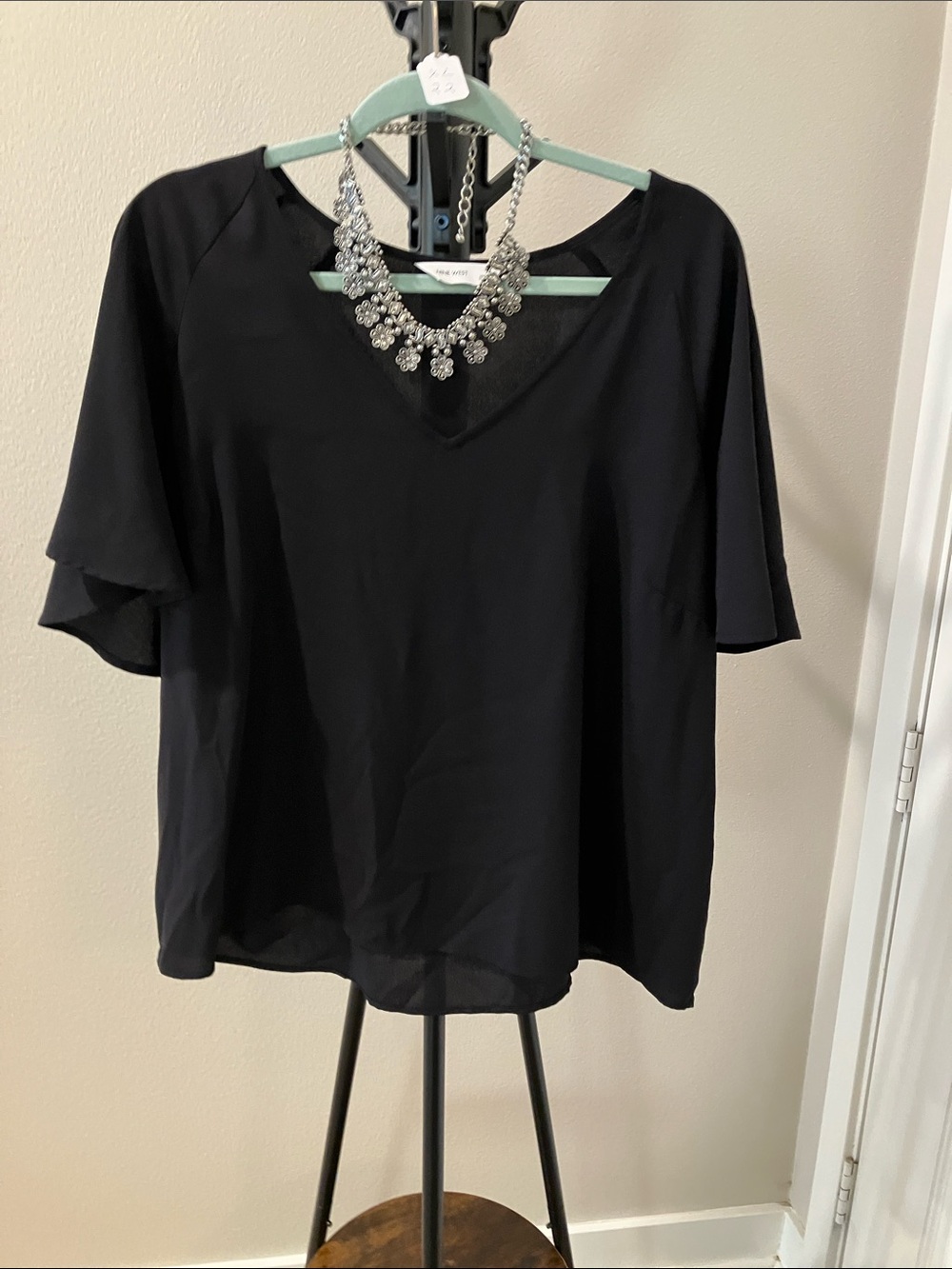 Nine West Black V-Neck Short Flutter Sleeve Blouse